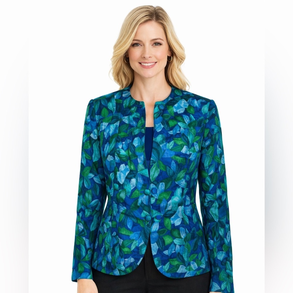 Papell Boutique 100% Silk Blue Green Leaf Print Blazer Petite 12P